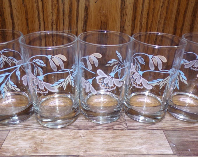 2509 Crisa Glass 4" Vintage Pink & Blue Floral Juice Tumblers Set of 5 - Great Condition