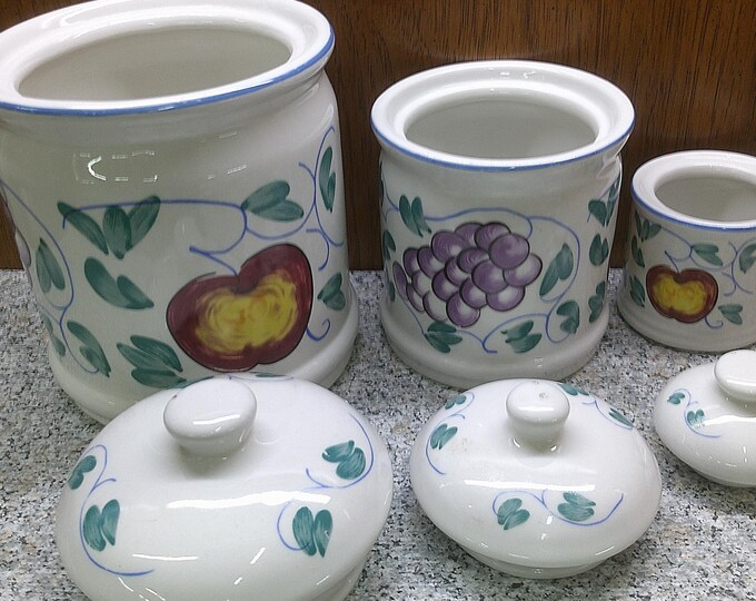 2408 Tabletops Unlimited Fruttie Canister Set with Lids - 6", 4.5", 3" Fruit Pattern - Good Condition No Chips or Cracks