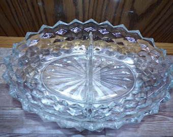 2508 Indiana Glass American Whitehall Clear Cubist Vintage 10" x 7" Oval Divided Dish