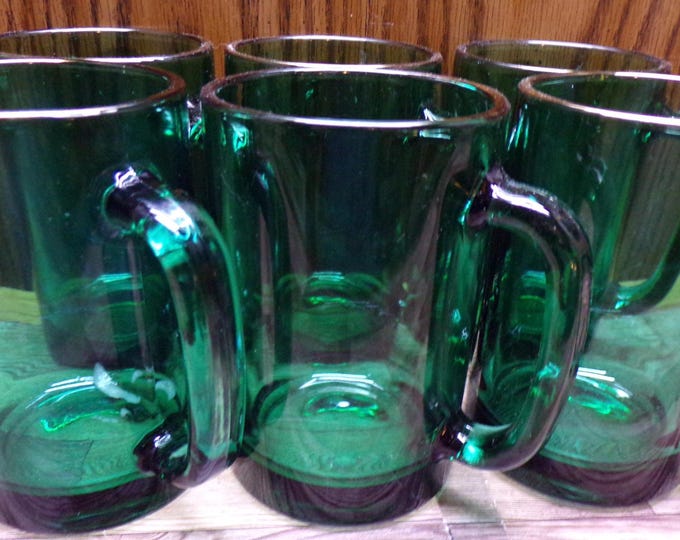 2511 Libbey Glass Juniper Green Vintage 4.5" 11 oz Glass Mugs Set of 6 - Good Condition Gold Rims Are Wearing Off