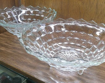 2501 Indiana Glass Pair of 10" American Whitehall Clear Cubist Vintage Decorative Footed Serving Bowls - Great Condition