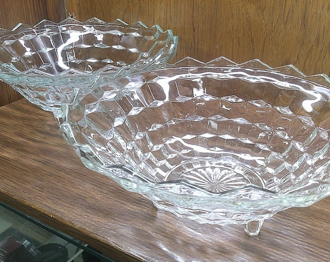 2501 Indiana Glass Pair of 10" American Whitehall Clear Cubist Vintage Decorative Footed Serving Bowls - Great Condition