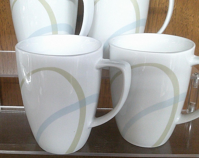 2506 Corelle Coordinates Sand & Sky 4.25" 12 oz Porcelain Mugs Set of 4 Beige and Blue Swirl Lines - Great Condition