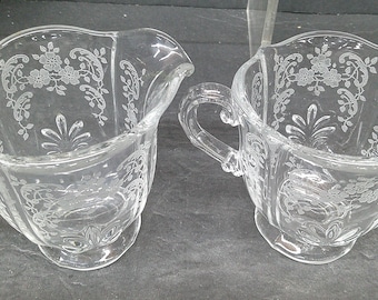 2312 Fostoria Glass Clear Baroque Etched Chintz 4" Vintage Cream & Sugar Dish Set - Great Condition No Chips or Cracks