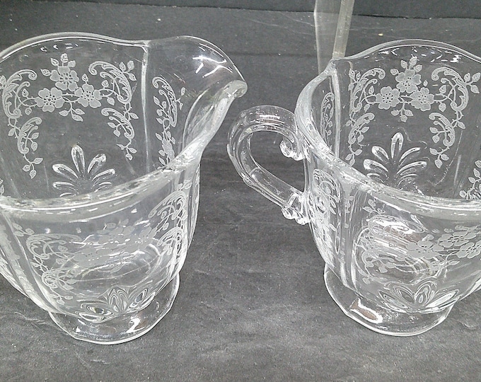 2312 Fostoria Glass Clear Baroque Etched Chintz 4" Vintage Cream & Sugar Dish Set - Great Condition No Chips or Cracks