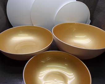 2609 Tupperware Allegra Vintage Holiday Gold with White Exterior Set of 3 Bowls & 3 Lids- 5L, 3.5L, 1.5L