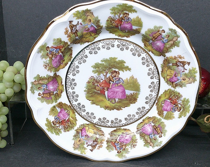 2312 Bayreuth Bavaria 12" Centerpiece Fruit Bowl- Gloria Fine Porcelain Fragonard 22 Carat Gold Rim & Accent- Corting Couple- Excellent