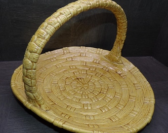 2606 Yellow Straw Ceramic 12" Centerpiece Fruit Basket 1970's Vintage Faux Wicker Woven Pattern by Atlantic Molds