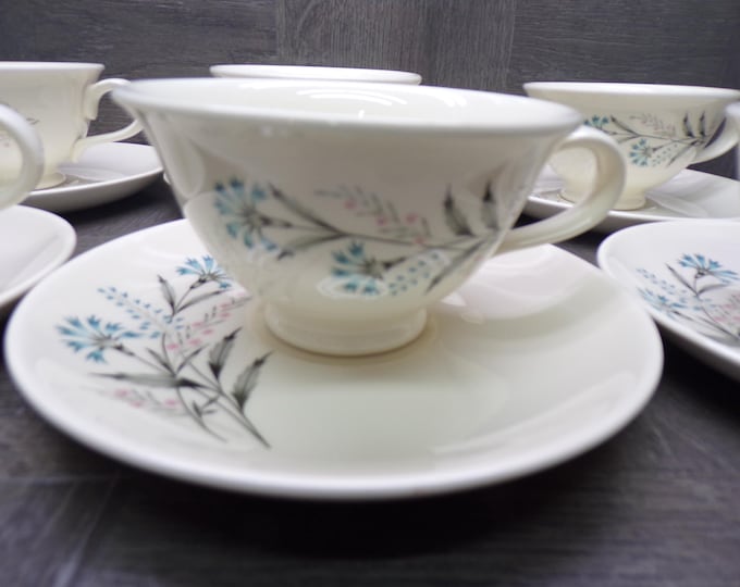2603 TST Taylor Smith Taylor Bachelor Button Vintage 50's to 60's Ironstone 12 pc Set 6 Cups & 6 Saucers Teal/ Grey Floral - Good Condition