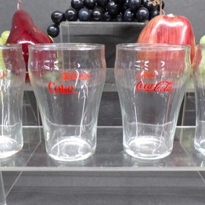 2304 Coca-Cola Coke Red Letter Print 4&quot; Tall 6 oz Tumblers Vintage Set of 4 - Good Condition