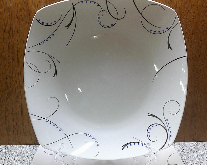 2407 Gibson Motif Square 9.5" Dinner Plates Set of 4 Black Swirl Lines & Blue Dots - Excellent Condition