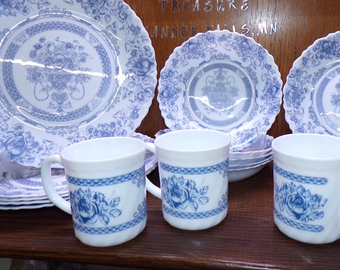 2505 Arcopel Honoring Country Milk Glass Dinnerware w/ Blue Floral Made in France - Excellent Condition Choose From List: