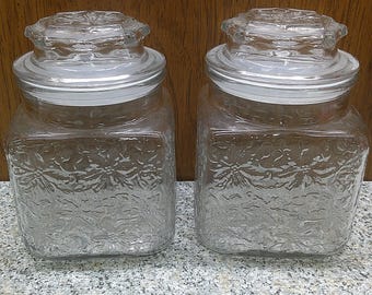 2408 Princess House Fantasia Pair of Canister Jars 4.75" Deep - 6.5" Tall w/ Lid- Flea bite on each Rim Otherwise Great Condition