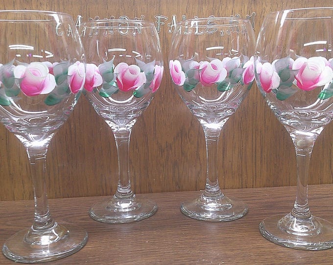 2411 Libbey Glass 7.75" 12 oz Stemmed Water / Wine Glasses with Pink Roses Set of 4 - Great Condition