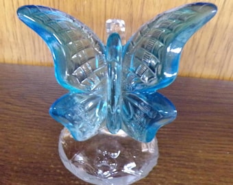 2501 Fenton Glass 5" Blue Butterfly on a Clear Branch & Base Ring Holder - Great Condition