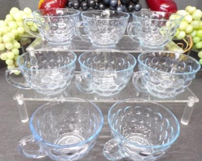 2309 Anchor Hocking Blue Tint Vintage Bubble Glass 8 oz Coffee / Tea Cups Set of 8 - Good Condition