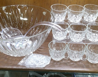 2411 Anchor Crown Point 26 pc Vintage Punch Bowl Set- 12.25"W x 7"T Bowl w/12 Cups, 12 Hooks & Ladle- Good Condition