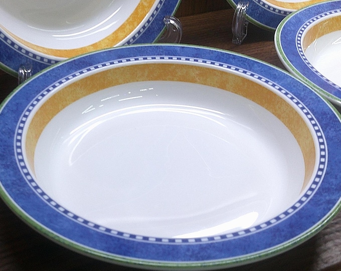 2501 Dansk Bistro Kobenhavn 8.25" Rimmed Soup / Cereal / Pasta Bowl Set of 4 Blue, Yellow, Green - Great Condition