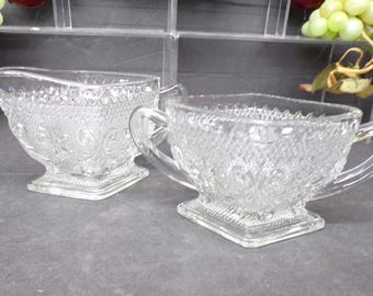 2307 Indiana Glass Tiara Sandwich Vintage Clear 5" Diamond Shape Cream & Sugar Set - Pre-owned Great Condition