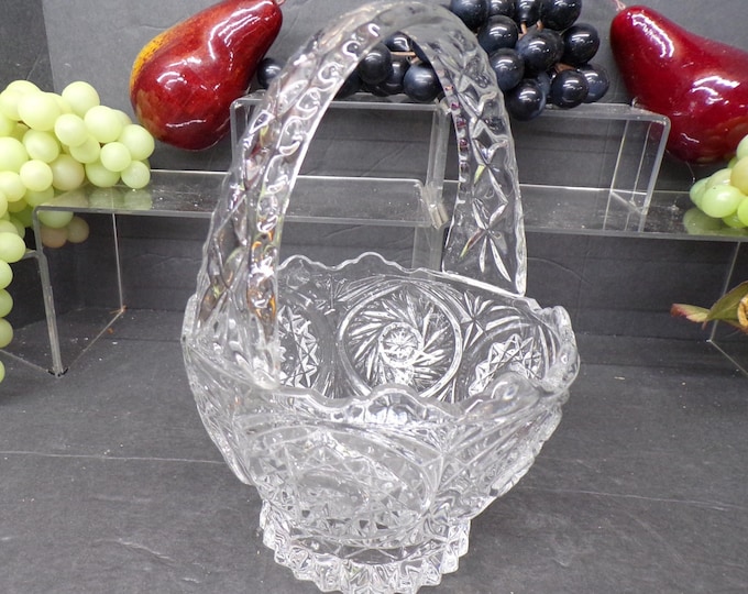 2309 Hobstar & Pinwheel Pattern Vintage Clear Glass Basket with Handle 8" Tall x 5.5" Wide - Good Condition No Chips or Cracks