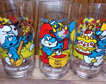 2510 Smurfs Wallace & Berrie Co. Vintage 1983 16 oz 6" Tumblers Set of 6 - Great Condition