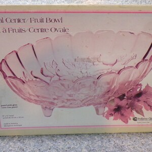 2209 Indiana Glass Footed Peach / Pink Paneled Glass Embossed Oval Fruit Bowl Vintage 8" x 12" with Original Box- Great Condition