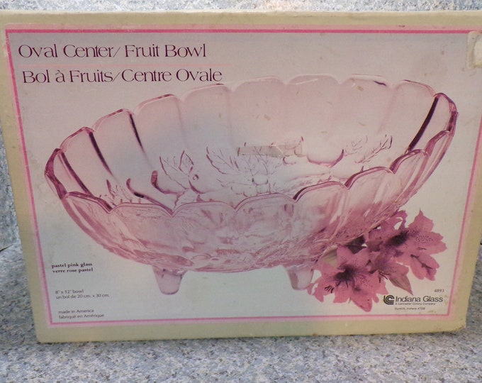 2209 Indiana Glass Footed Peach / Pink Paneled Glass Embossed Oval Fruit Bowl Vintage 8" x 12" with Original Box- Great Condition
