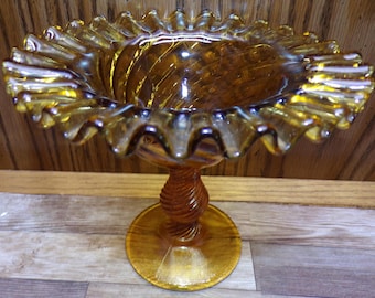2508 Amber Glass Swirl Twist 6" Vintage Pedestal Compote Candy Dish