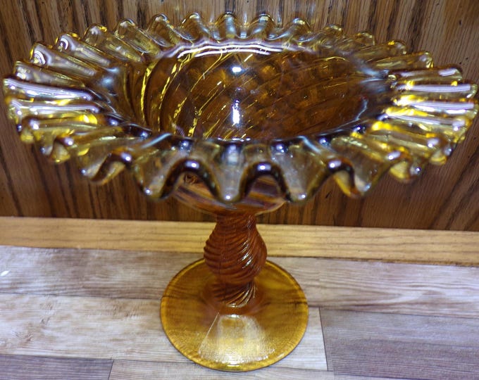 2508 Amber Glass Swirl Twist Pedestal Compote Candy Dish Vintage 5.5" Tall x 6" Wide - Good Condition