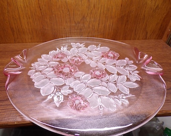 2503 Mikasa Rosella 13.75" Round Tempered Textured Glass Platter w/ Pink Handles, Pink Flowers & Frosted Leaves Very Beautiful - Great Cond.