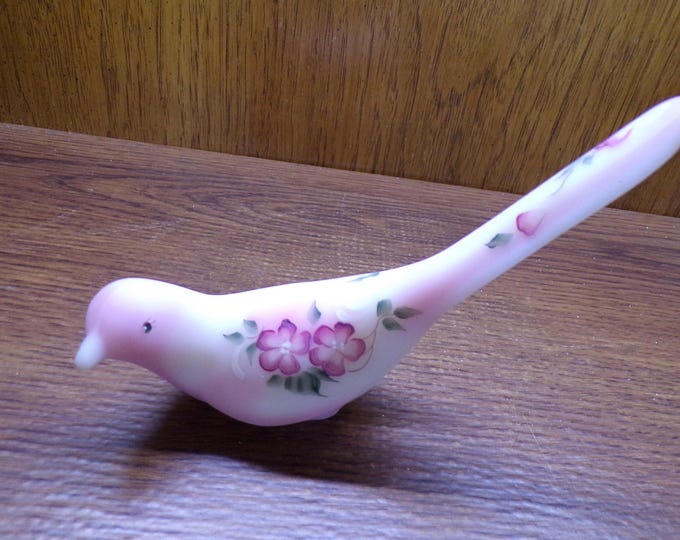 2501 Fenton Glass 7" Vintage Satin Rosalene Long Tailed Bird of Happiness Hand-Painted Flowers Signed by Shelley Fenton- Great Condition