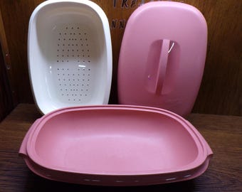 2507 Tupperware Microwave Steamer Vintage Oval Serving Bowl 3 Pc Dusty Rose Pink 1273-3 - Pre-owned Good Condition