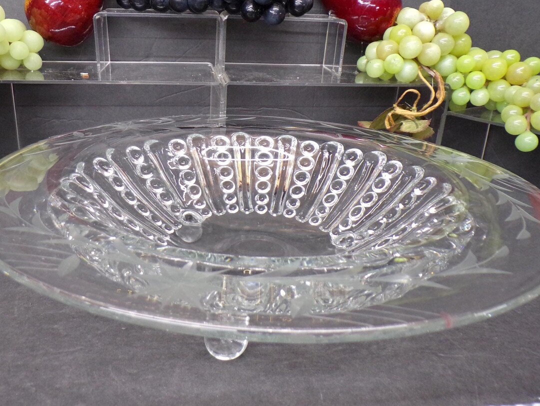 2306 Beaded Panel Etched Floral 12" Footed Glass Vintage Centerpiece ...