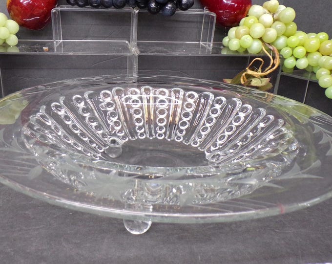 2306 Beaded Panel Etched Floral 12" Footed Glass Vintage Centerpiece Bowl - Good Condition Tiny Bubble in Glass