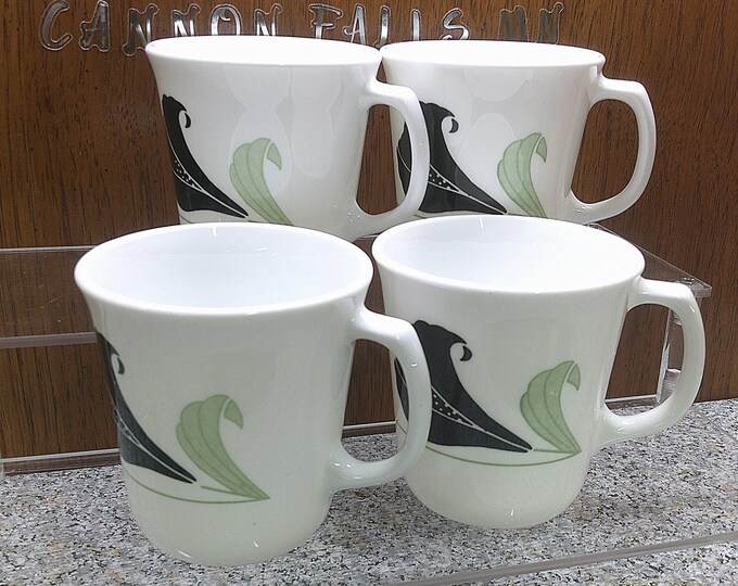 2405 Corelle Black Orchid 4.25" Coffee Mugs/ Cups Set of 4 - Black & Green Floral - USA- Good Condition No Chips or Cracks