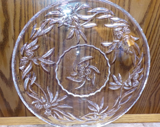 2508 Beautiful Vintage 12" Lead Crystal Serving Platter Embossed Roses - Good Condition Couple Light Scratches