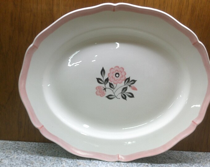 2409 Royal Doulton Pink & Black Floral Pink Rim Stoneware 15" x 12" Oval Platter - Good Condition Light Scratches