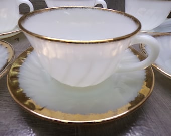 2606 Anchor Hocking Fireking Vintage White Milk Glass Swirl 6 Cups & 6 Saucers