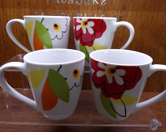2506 Corsica Fiji 4" 12 oz Coffee Cups / Mugs Set of 4 Colorful Red Flower - Great Condition
