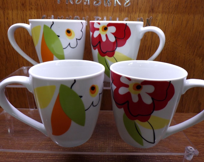 2506 Corsica Fiji 4" 12 oz Coffee Cups / Mugs Set of 4 Colorful Red Flower - Great Condition