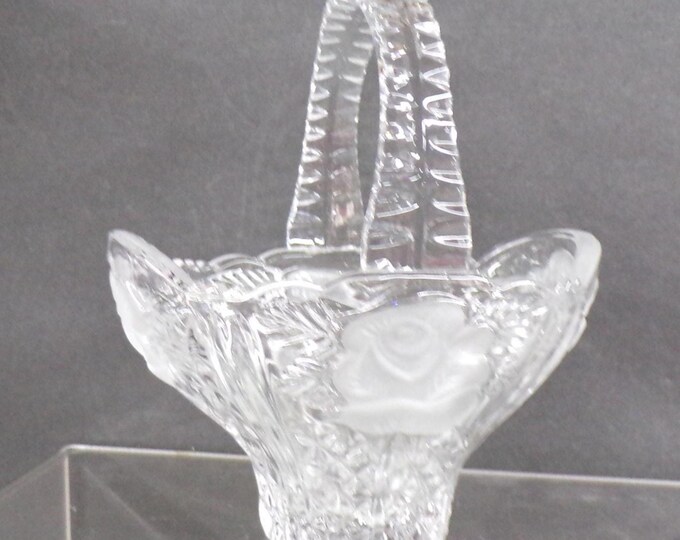 2210 Lead Crystal Footed Basket with Frosted Roses Vintage 6"x4.5"x7" Tall - No Chips or Cracks
