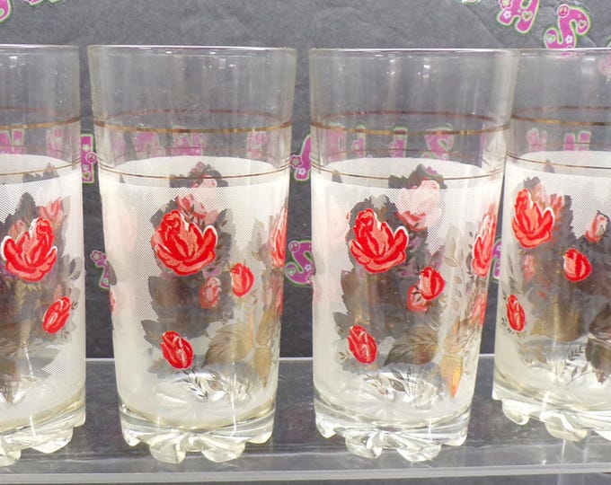 2212 Red Orange Roses with White & Gold 5.5" Highball Tumblers Vintage Set of 4 - Thick Swirl Base - Good Condition No Chips or Cracks