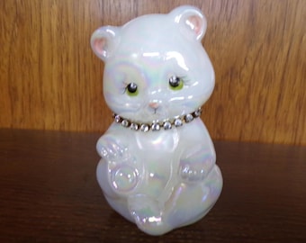 2501 Fenton Glass 4" Hand-Painted Vintage Pearly White Sitting Bear w/ Necklace Green Eyes Signed T. Gaskins Fenton Sticker- Great Condition