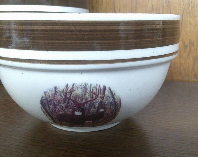 2412 Folk Craft Whitetail Buck Vintage Stoneware by Scotty Z for Cabelas 6.25" Wide x 3.75" Tall Soup Bowl Set of 4 - Great Condition