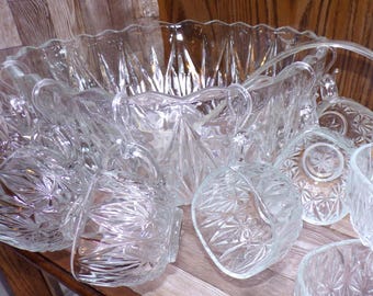 2511 Hazel Atlas Williamsport Square Prism Vintage 26 pc Punch Set 11" Bowl, 12 Cups, 12 Hooks & Ladle Great Condition- Very Beautiful