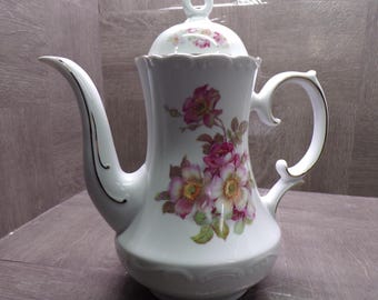 2609 Schumann Arzberg Golden Crown Briar Rose 1980 Vintage 10" Coffee Pot / Teapot Pink Roses with Gold Accent Germany