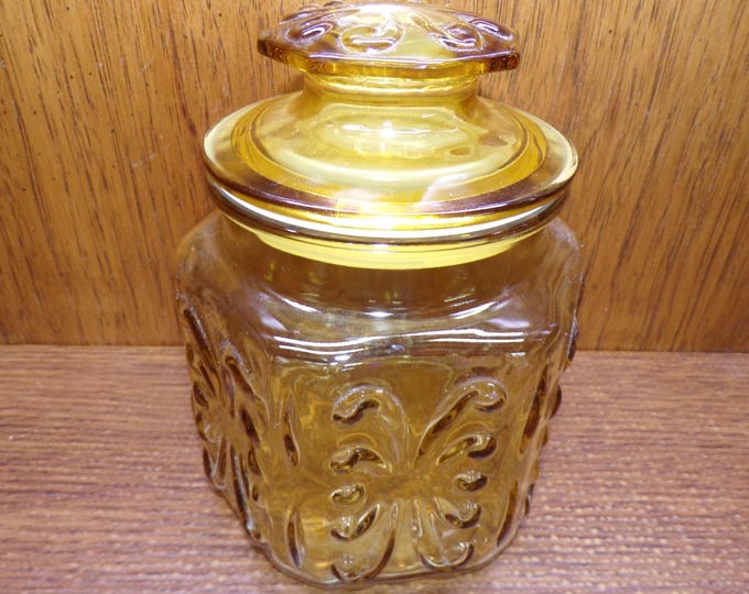 2506 Imperial Glass Atterbury Scroll Vintage Amber Canister 6.5" Tall w/ Lid - Great Condition