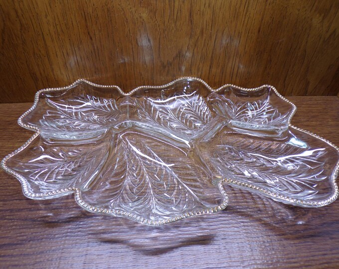 2507 Jeanette Glass 16" x 10" Feather Leaf Design Vintage 6 Section Divided Platter w / Beaded Gold Rim- Good Condition Some Wear on Gold