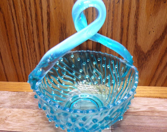 2508 Aqua Blue Opalescent Hobnail Candy Dish Basket with Twisted Handle Vintage 5" - Good Condition
