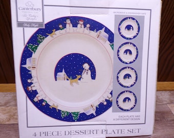 2511 Canterbury Potteries Holy Night 7.5" Dessert Snack Plates Set of 4 Christmas Holiday Snowman & Dog - New in Box